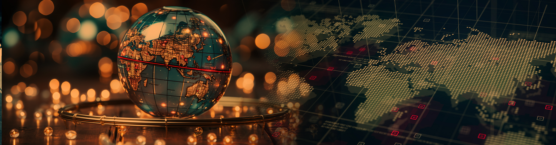Digital globe with illuminated world map and data grid representing international expansion, global trade, and market entry strategies.