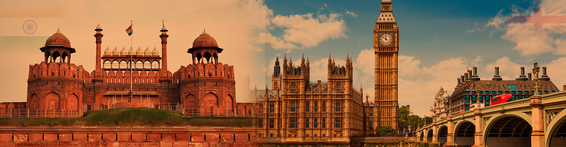 India–UK Trade relations symbolized by the Red Fort in India and Big Ben in the United Kingdom, representing bilateral growth and partnership.